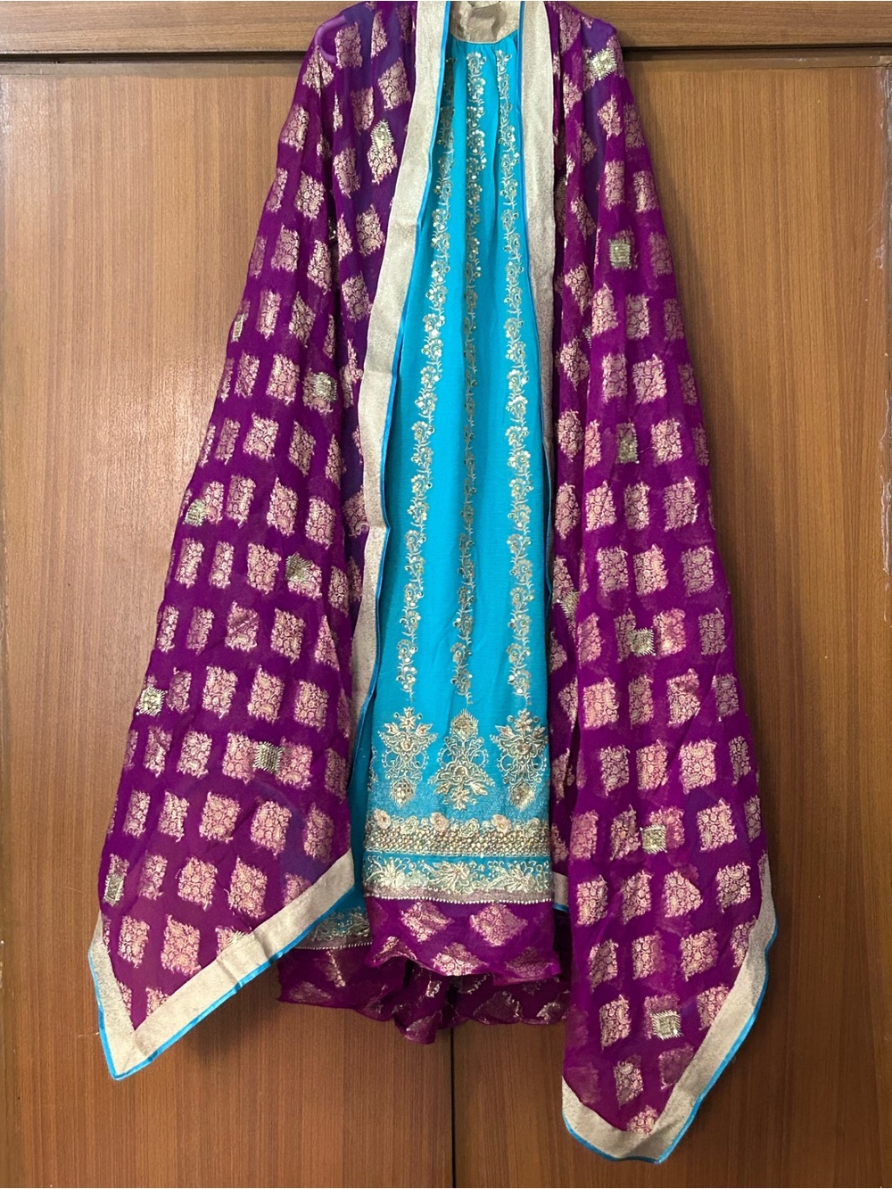 Embroidered Turquoise & Purple Ethnic 3pc Suit in Chiffon and Jamawar fabric